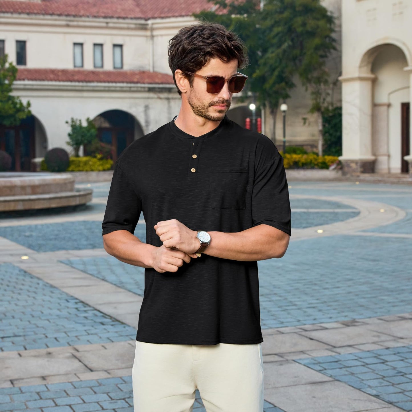 Men's 3XL Black Henley Short Sleeve Shirt Casual Lightweight Button Pocket T-Shirt Breathable Stretch Summer Basic Tee for Work Golf Vacation