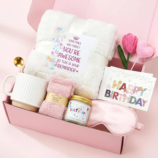 Birthday Gifts Basket for Women Self Care Get Well Soon Care Package with 39 x 59 in (99 x 150 cm) Blanket, Mug, Candle, Eye Mask, Socks, Card, Knitted Tulip & Heart