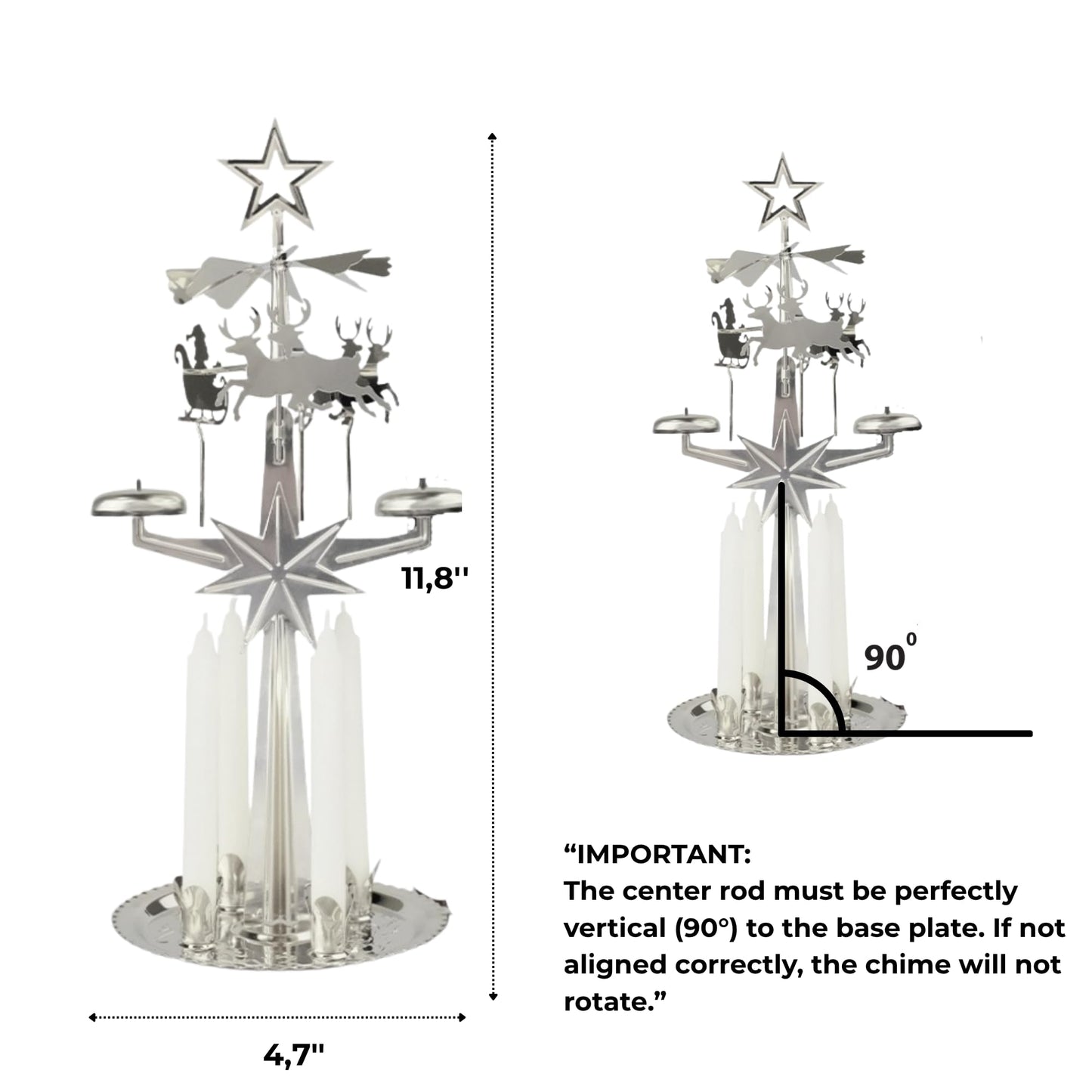 Original Swedish Angel Chimes - Silver Spinning Christmas Candle Carousel with 4 Candles