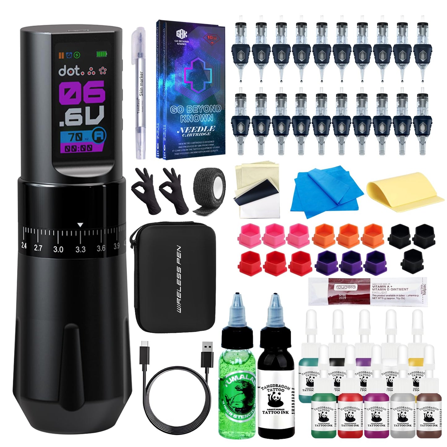 Complete Wireless Tattoo Gun Kit with Rotary Pen, 7 Adjustable Strokes, 1800mAh Battery, and 20 Cartridge Needles