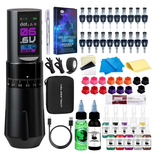Complete Wireless Tattoo Gun Kit with Rotary Pen, 7 Adjustable Strokes, 1800mAh Battery, and 20 Cartridge Needles
