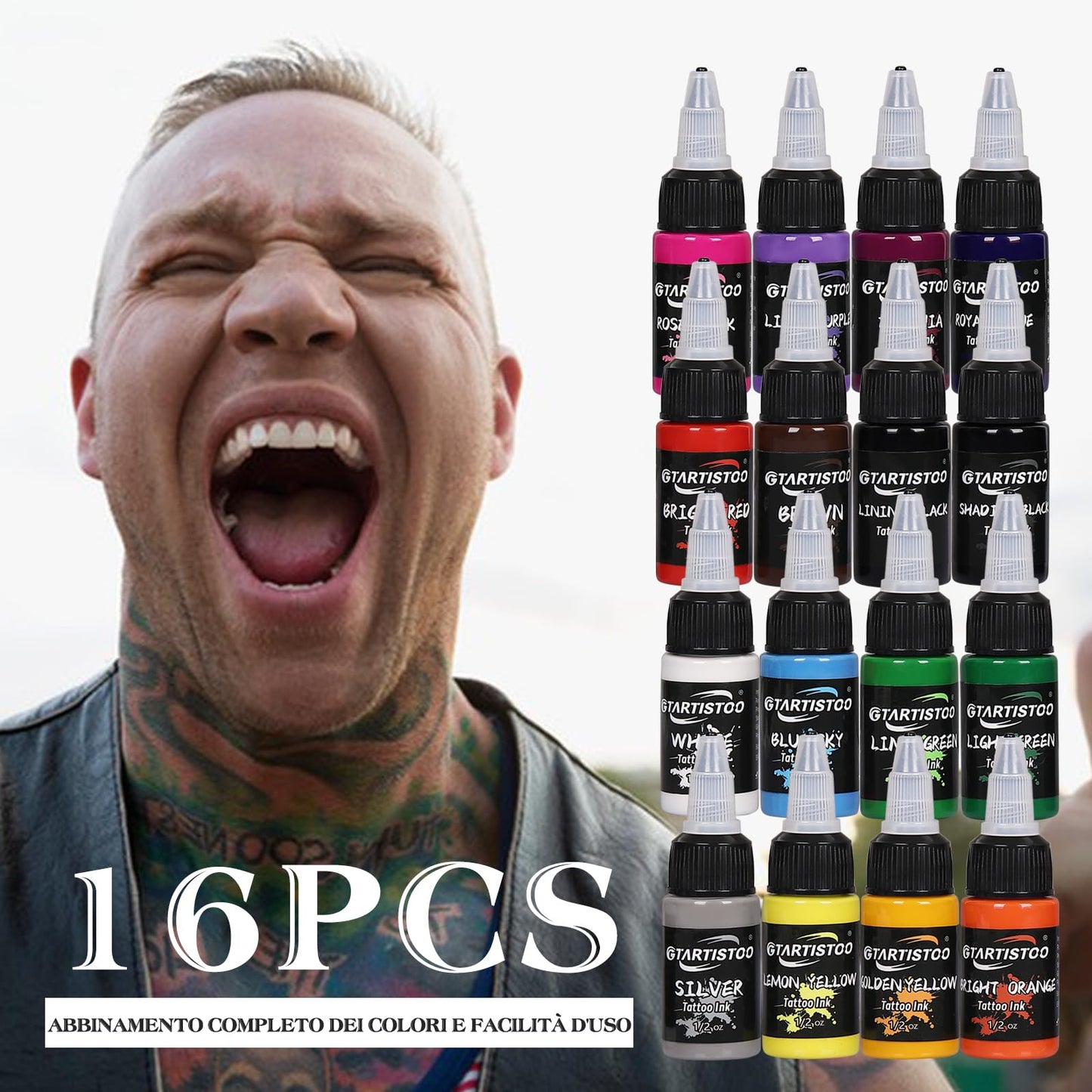 Tattoo Ink Set 16 Colors, 1/2 oz (15 ml) Professional Vegan-Friendly Pigment Tattoo Supplies Kit with True Black, Bright Red, Snow White Opaque