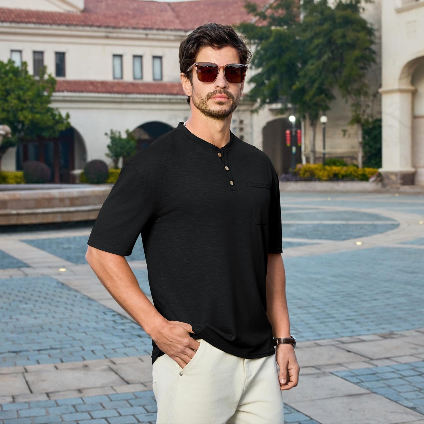 Men's 3XL Black Henley Short Sleeve Shirt Casual Lightweight Button Pocket T-Shirt Breathable Stretch Summer Basic Tee for Work Golf Vacation