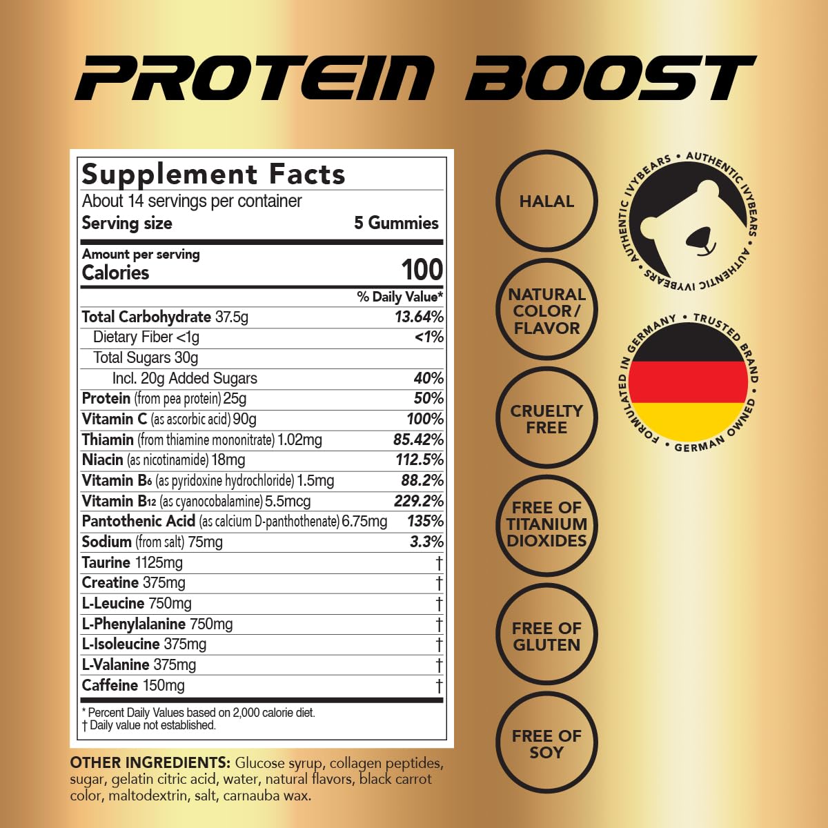 Premium Protein Boost Gummies for Men & Women, 25g Protein, 100 Calories, BCAA, Creatine Monohydrate, Caffeine, 70 Gummies, 2.4 lb (1.09 kg)