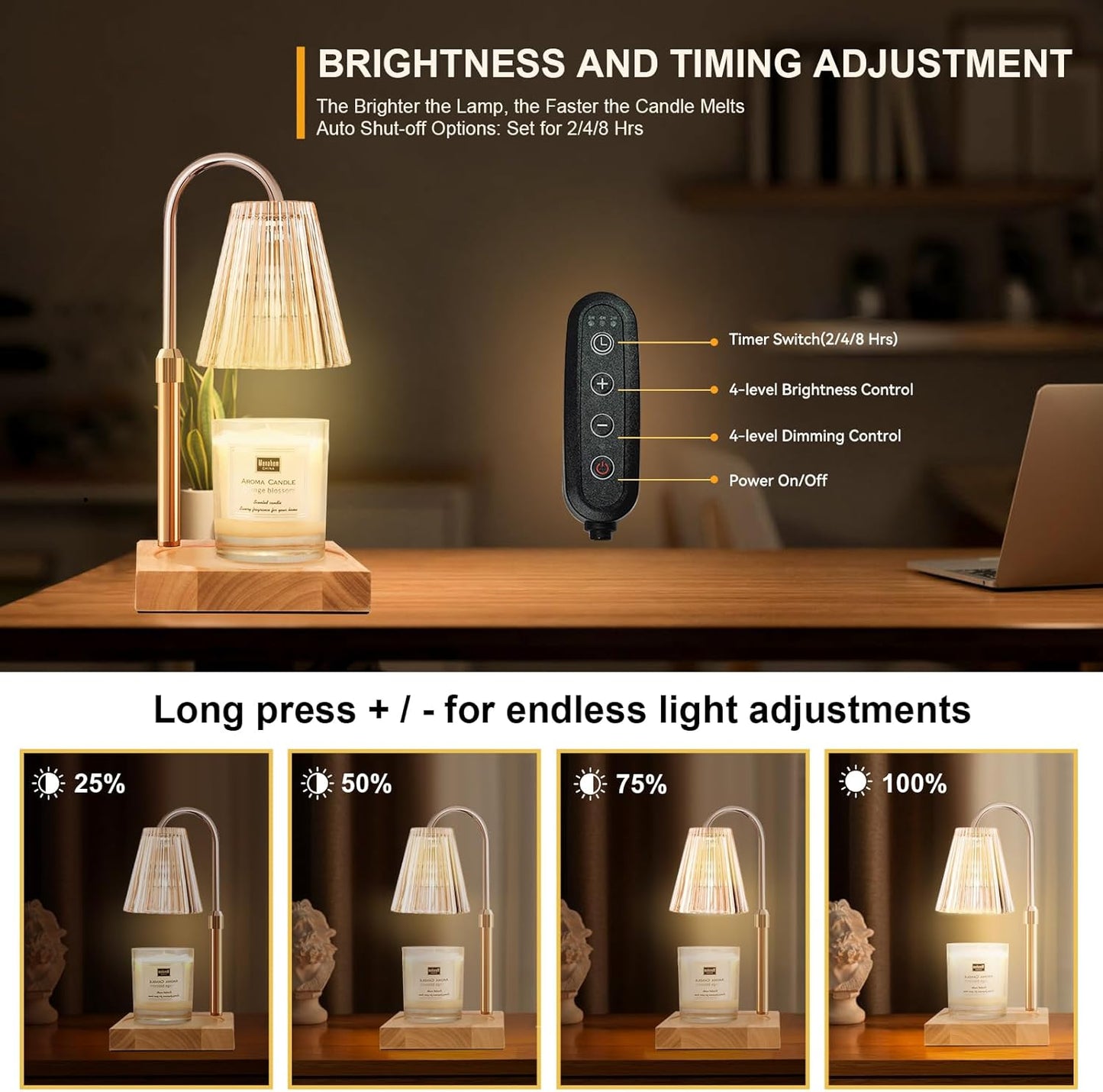 Candle Warmer Lamp with Timer, Adjustable Height & Brightness, Natural Wood Base