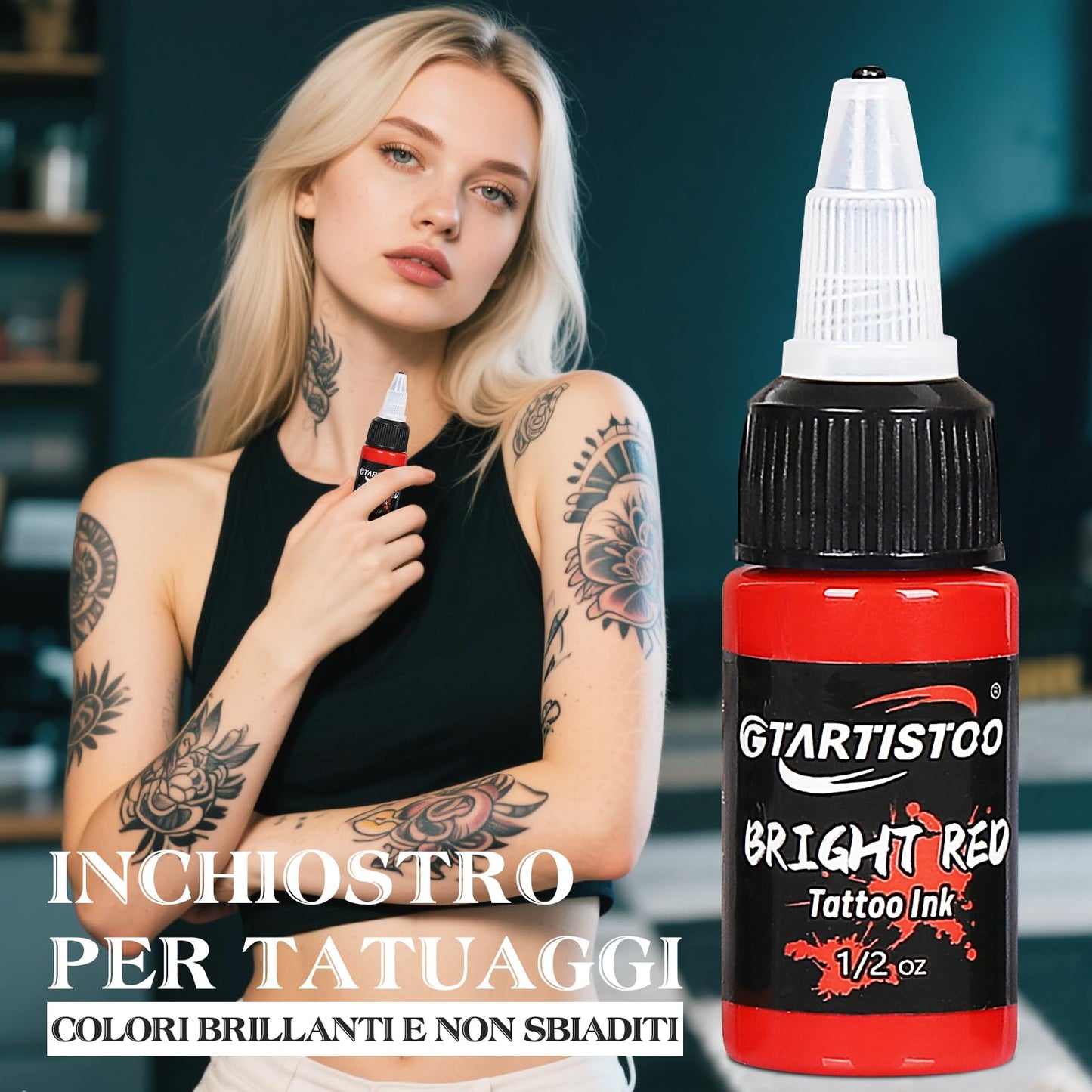 Tattoo Ink Set 16 Colors, 1/2 oz (15 ml) Professional Vegan-Friendly Pigment Tattoo Supplies Kit with True Black, Bright Red, Snow White Opaque
