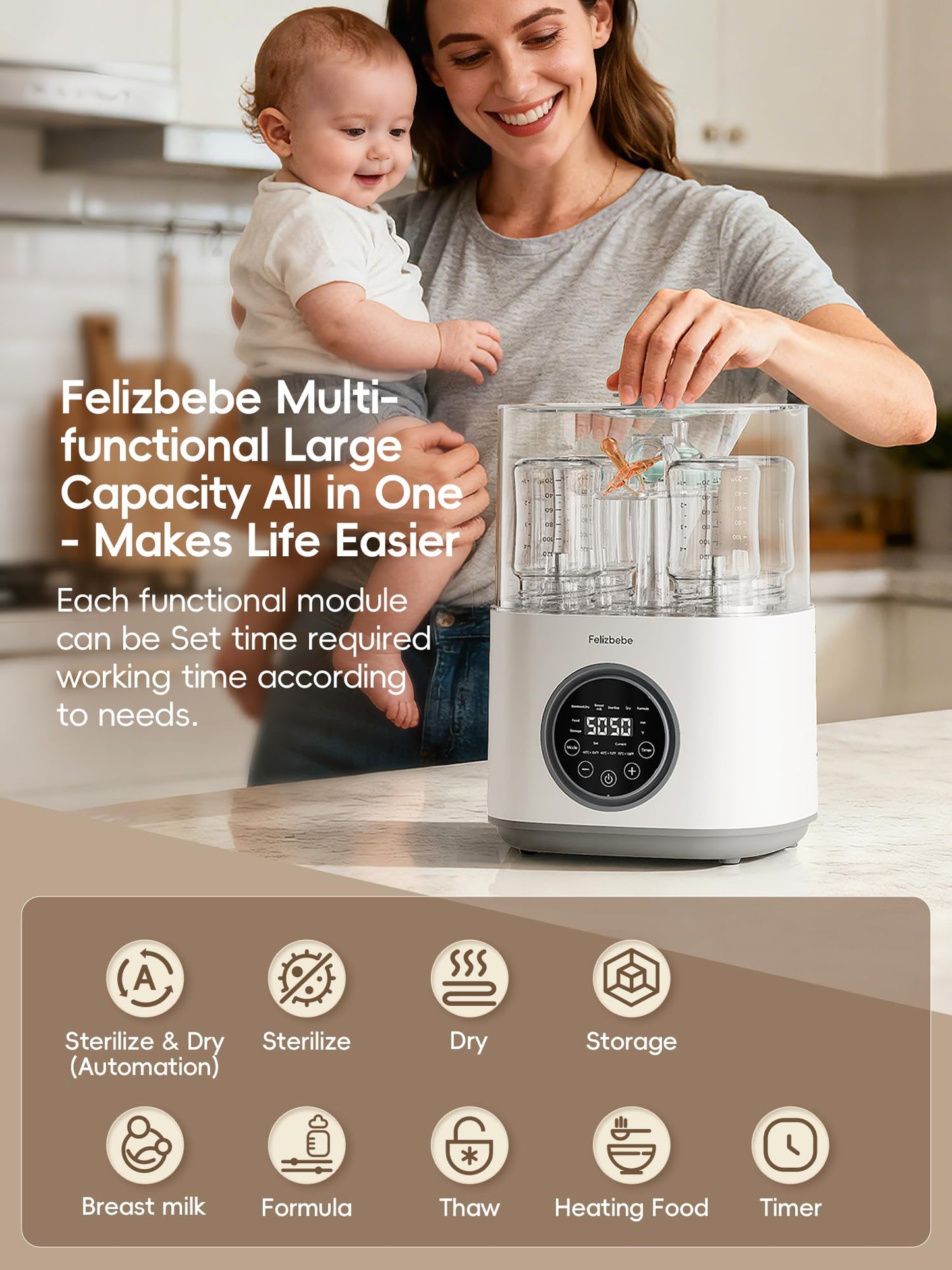 Large Capacity 6-in-1 Steam Baby Bottle Sterilizer and Dryer for Pump Parts & Pacifiers