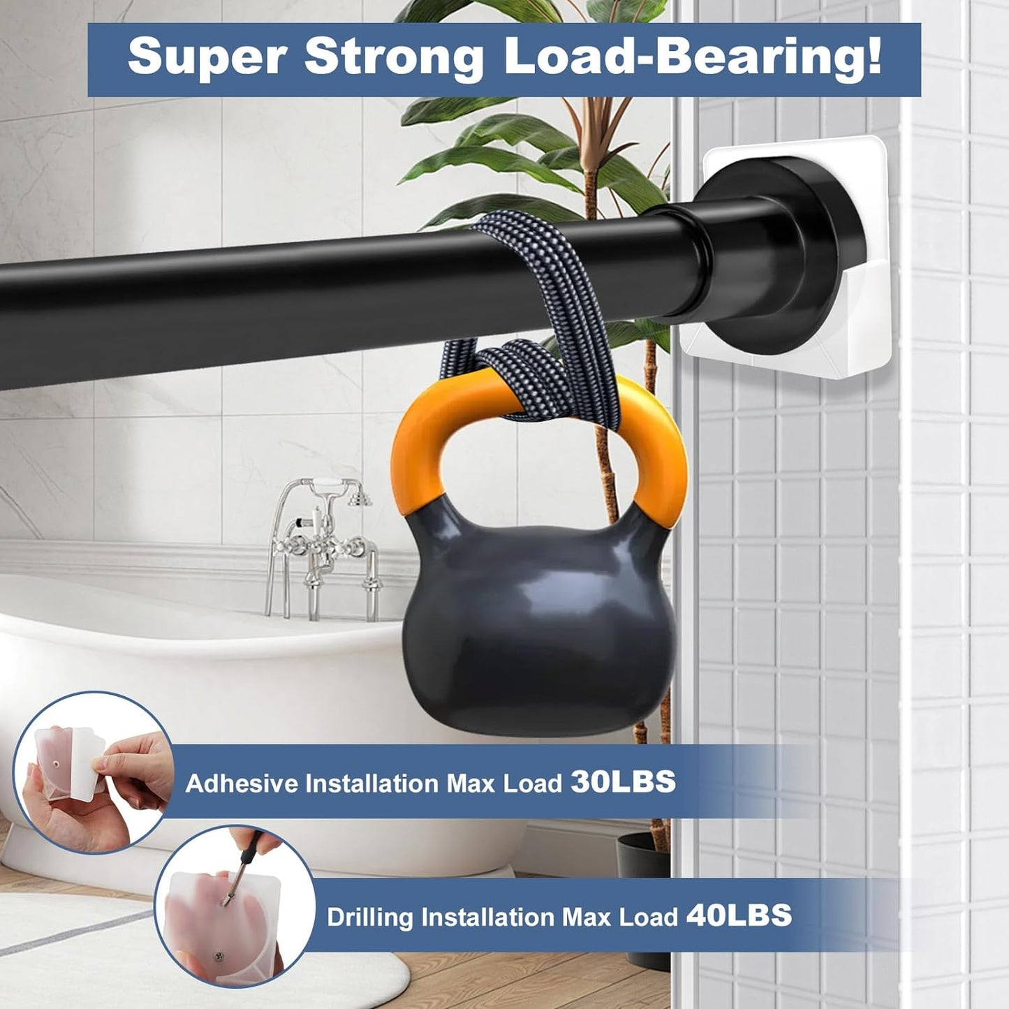 2 Pack Adhesive Shower Rod Holders, Transparent, Strong Grip for Bathroom - Fits Most Curtain Rods