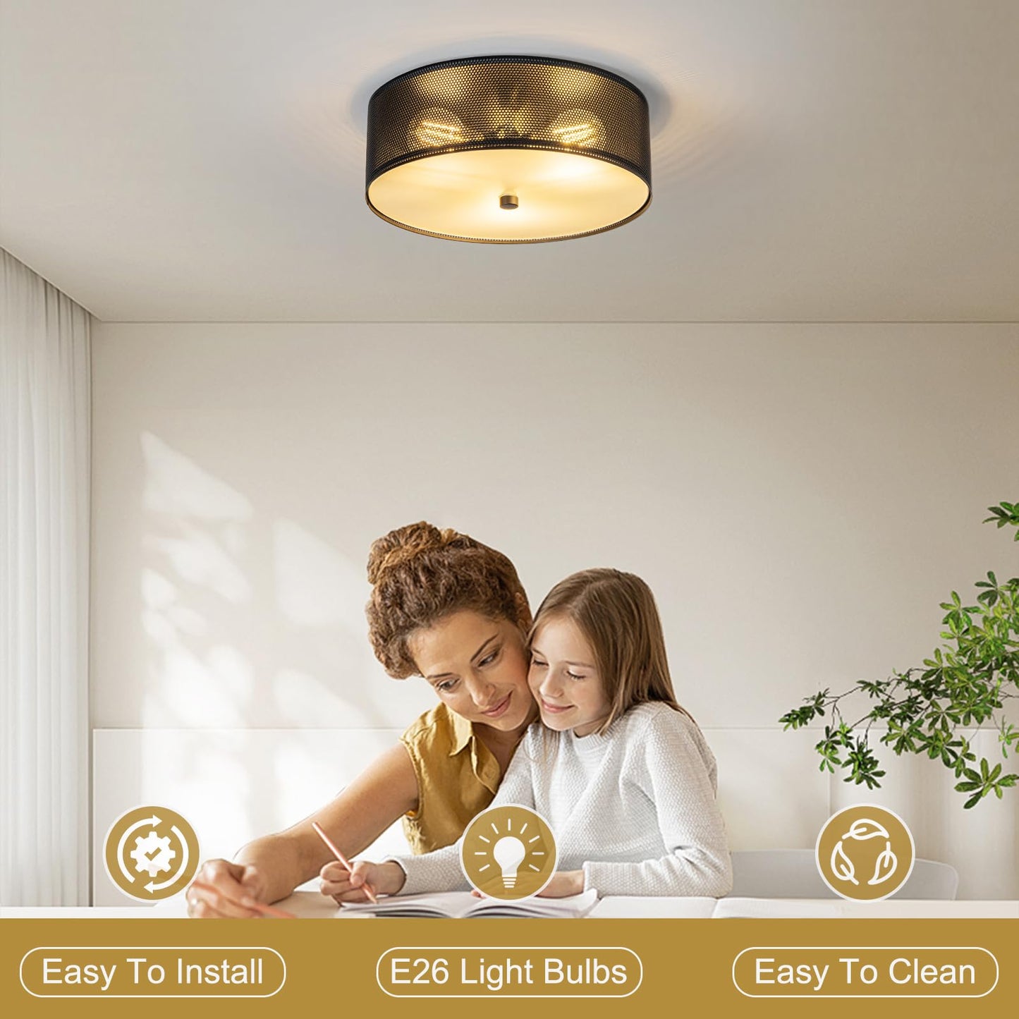 3-Light Industrial Flush Mount Ceiling Light, 12 in Metal Mesh Cage Drum Ceiling Lamp, Black E26 Dimmable Fixture for Kitchen Hallway Bedroom