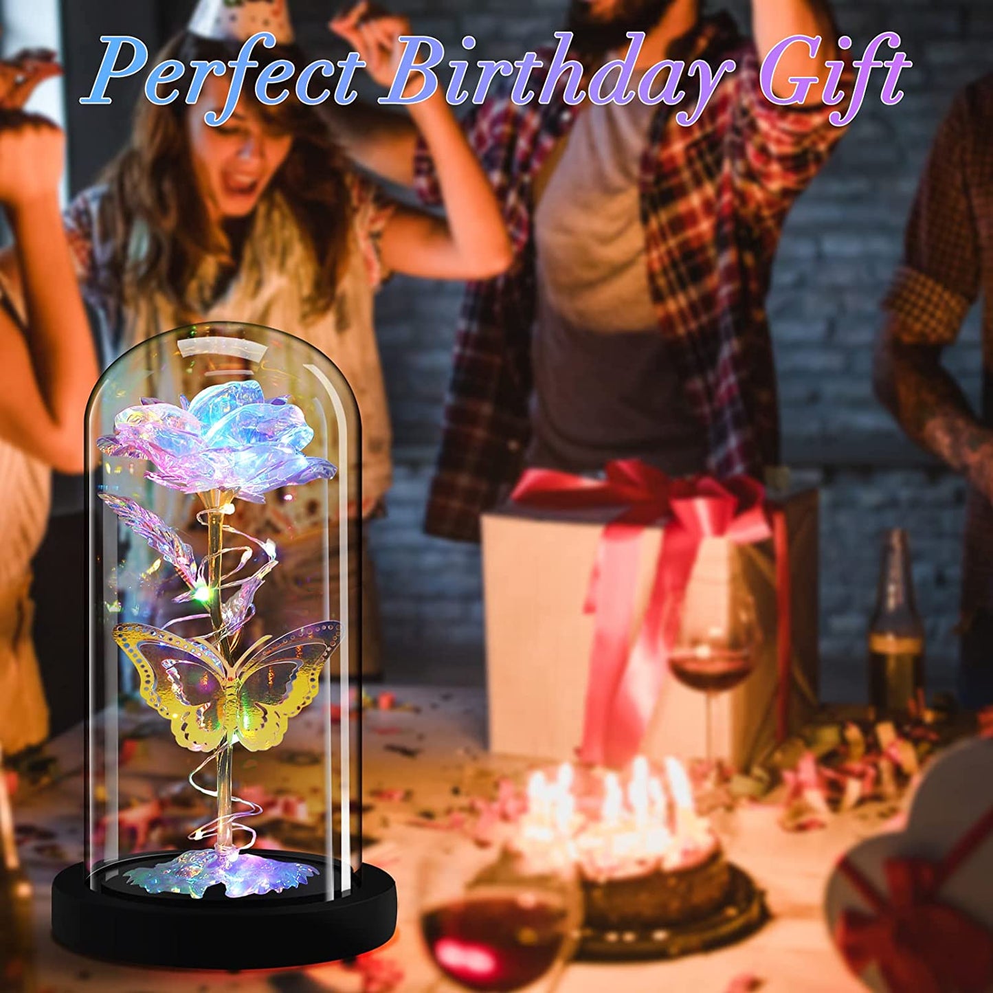 7.9" Decorative Glass Covered Light-Up Eternal Glass Rose w/ Gold Foil Butterfly