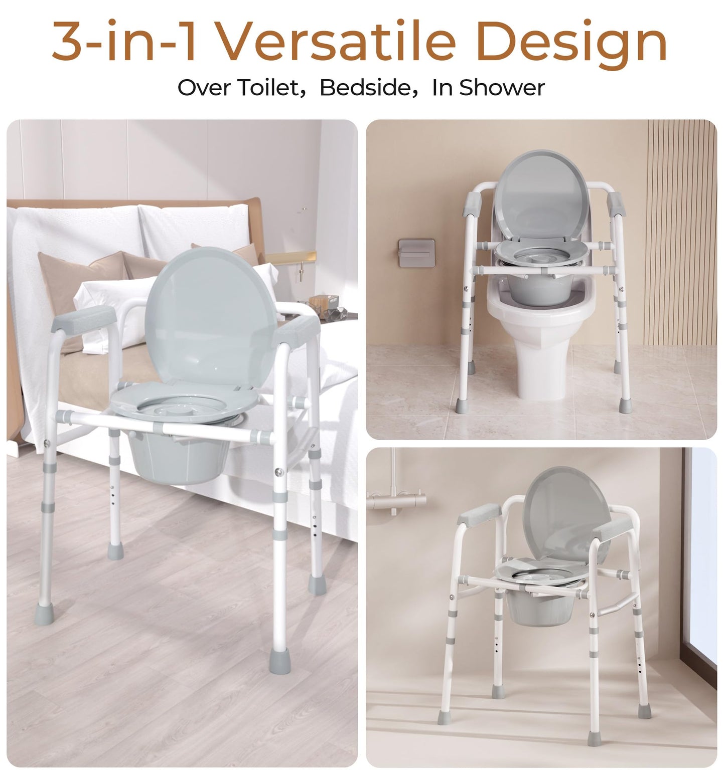 3-in-1 Bedside Commode Chair, Raised Toilet Seat & Safety Frame, Dual-Crossbar Support, 350 lb (159 kg) Capacity, 7.5 qt (7.1 L) Bucket, White