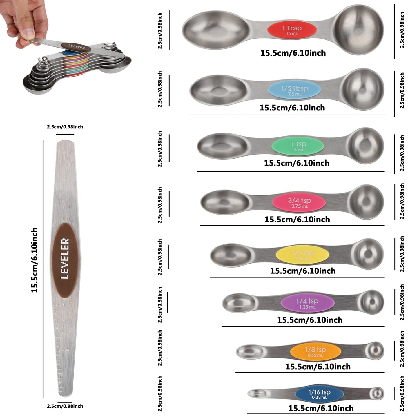 Magnetic Measuring Spoons Set of 9 - Dual Sided Stainless Steel Nesting Spoons