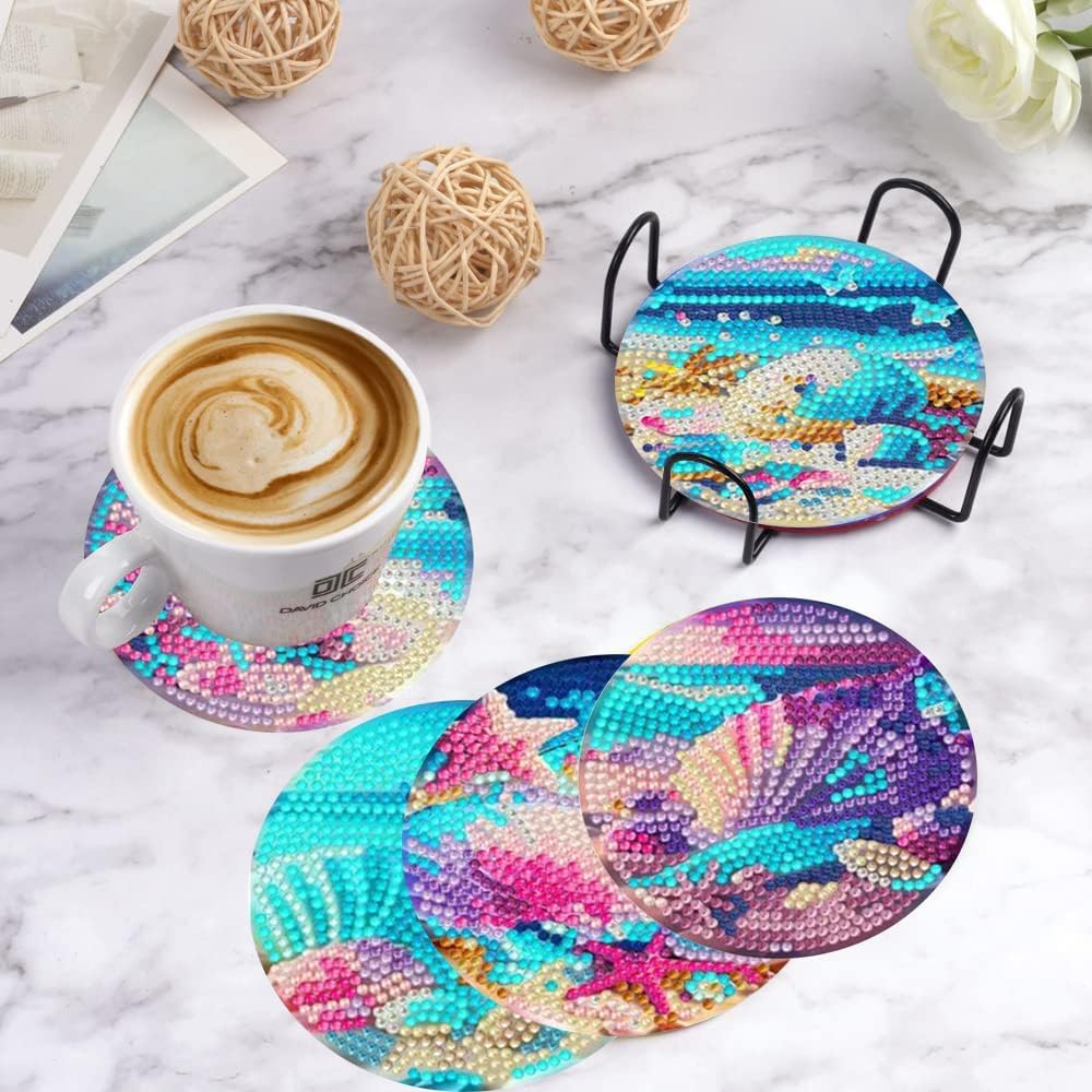 8pk Beach Shell Landscape Diamond Painting Coasters Beginners Kit w/ Holder