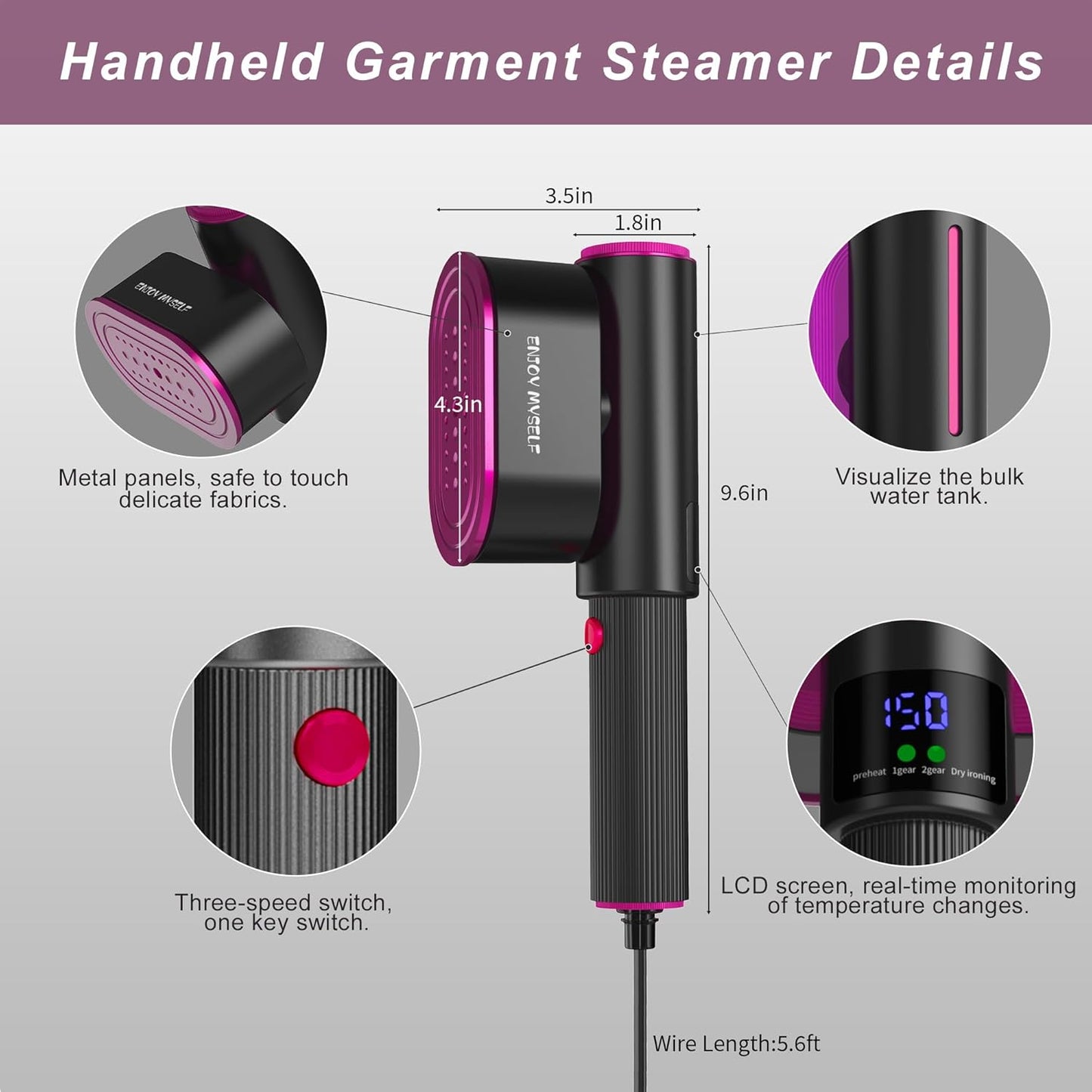 3-in-1 Clothes Steamer with Lint Roller and LCD Display for Home & Travel Use
