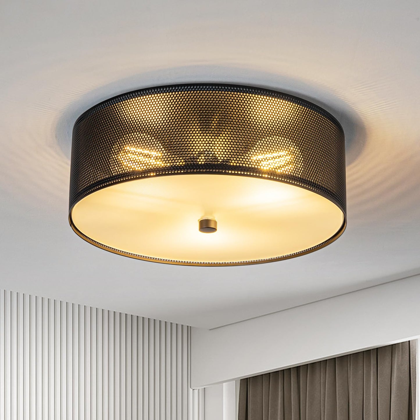 3-Light Industrial Flush Mount Ceiling Light, 12 in Metal Mesh Cage Drum Ceiling Lamp, Black E26 Dimmable Fixture for Kitchen Hallway Bedroom