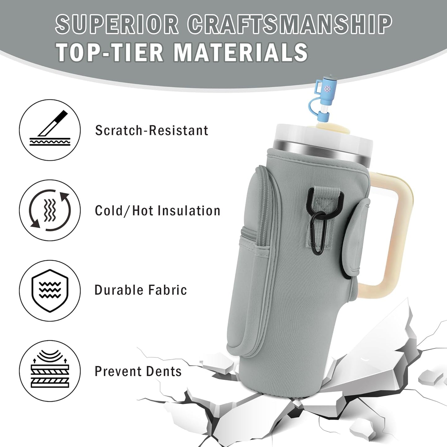 Stylish Water Bottle Carrier for Stanley Cup 40oz with Phone Pocket & Keychain Accessories