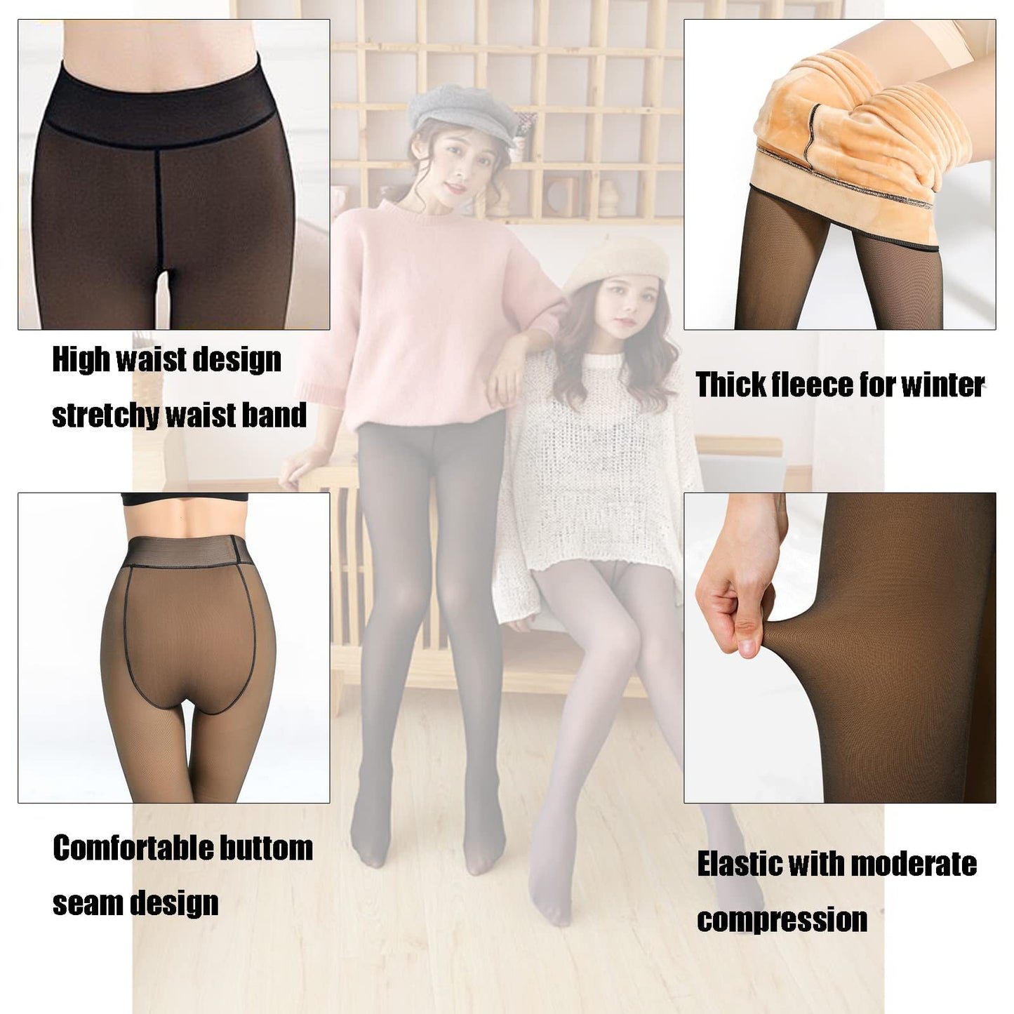 Plus Size (L-XL) Fleece Lined Sheer-Look Tights, Thermal Fake Translucent Pantyhose, High Waist 2.75 in/7 cm, 32–50°F/0–10°C, 7.8 oz/220 g