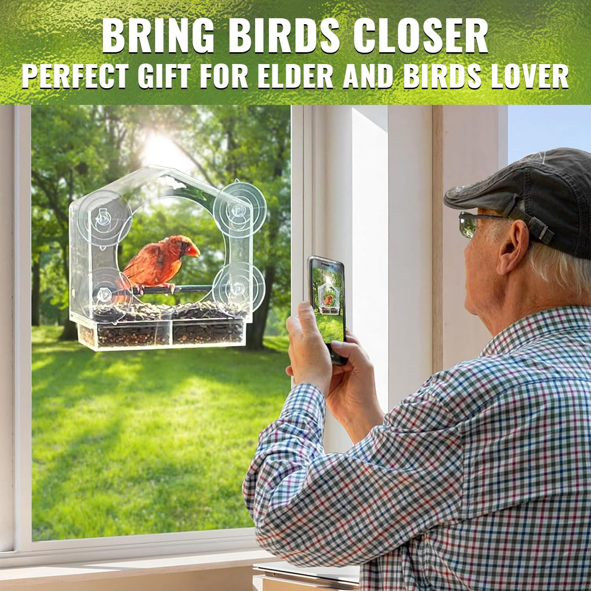 Clear Window Bird Feeder with Strong Suction Cups, Acrylic Viewing Feeder for Cats, Large Clear Window, Removable Sliding Seed Tray with Drainage, Easy to Clean and Refill