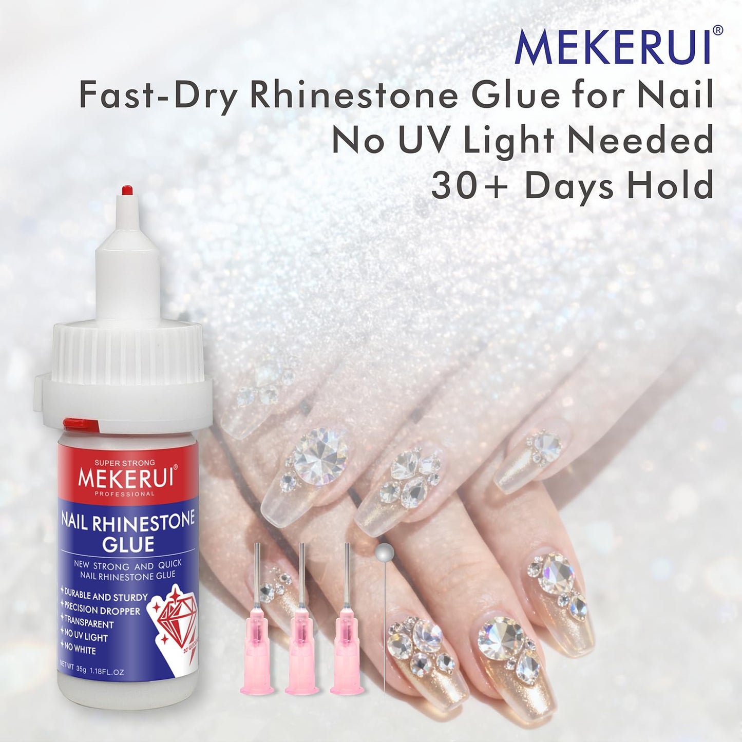 Quick-Dry Nail Rhinestone Glue - No UV Light Needed - Precision Dropper and Needle Tip Clear Adhesive