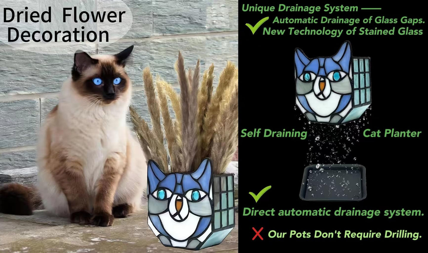 Unique Handmade Cat Plant Display Glass Container for Small Plants, Decorative Indoor Pot with Self-Drainage System, Perfect Gift for Cat Lovers