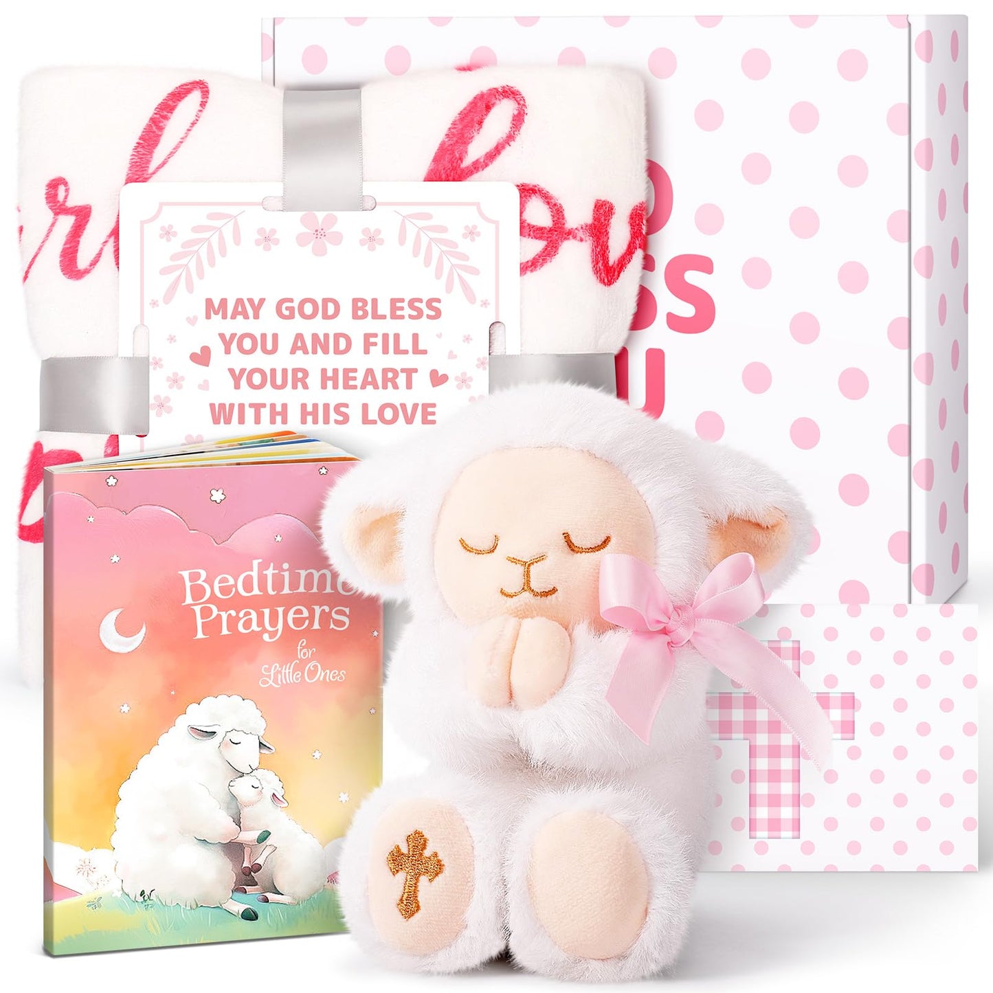 Pink Baptism Gift Set for Baby Girls with Praying Lamb Plush, Prayer Book, and Stroller Blanket