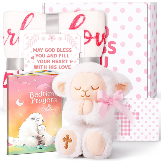 Pink Baptism Gift Set for Baby Girls with Praying Lamb Plush, Prayer Book, and Stroller Blanket