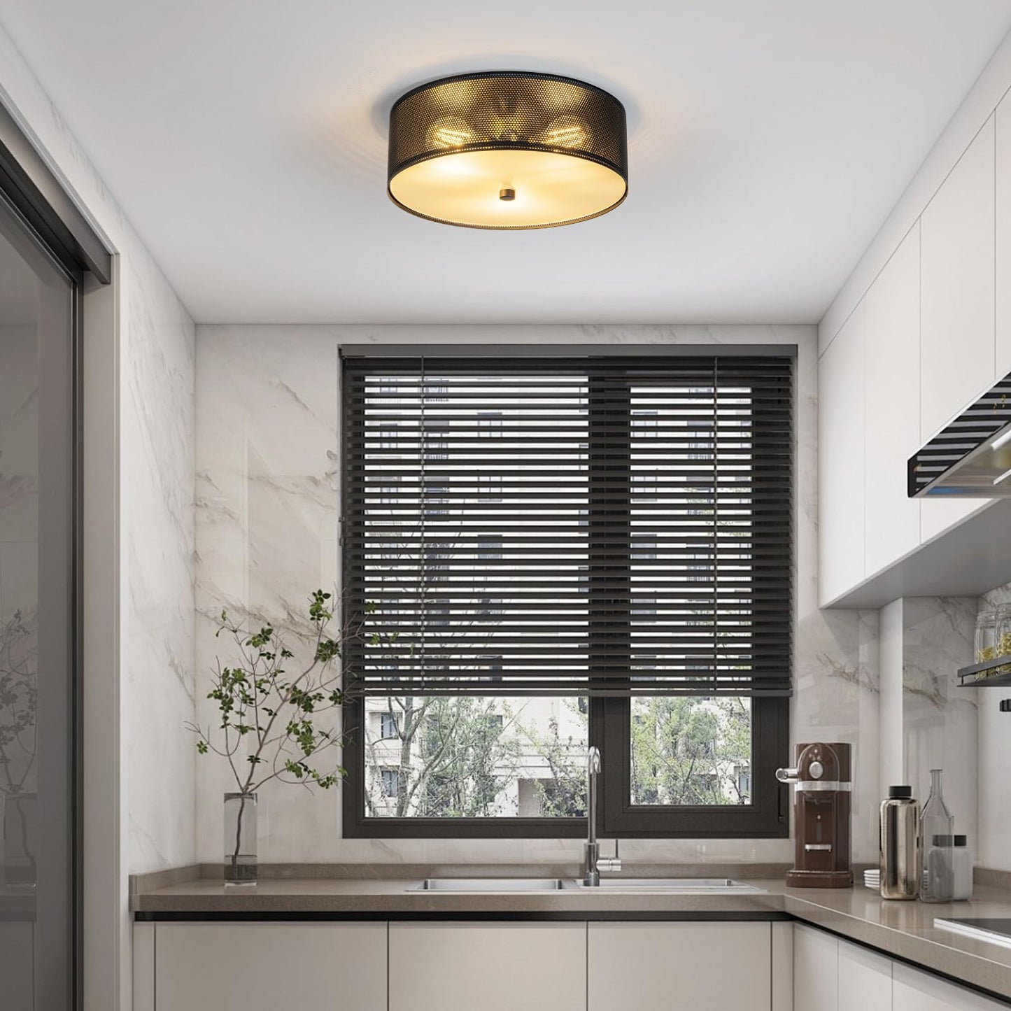 3-Light Industrial Flush Mount Ceiling Light, 12 in Metal Mesh Cage Drum Ceiling Lamp, Black E26 Dimmable Fixture for Kitchen Hallway Bedroom