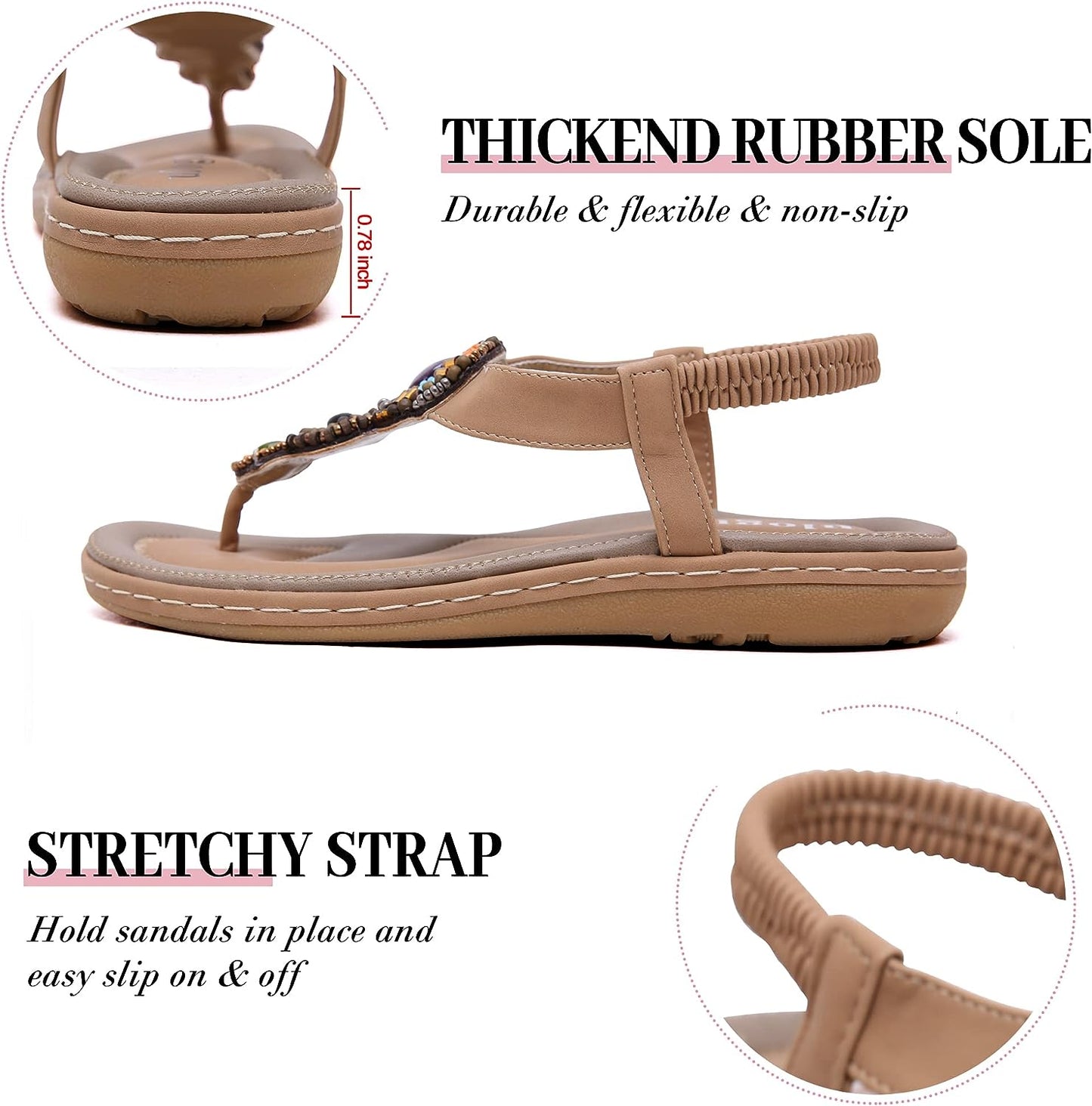 Apricot T-Strap Boho Beads Beach Sandals/Flats