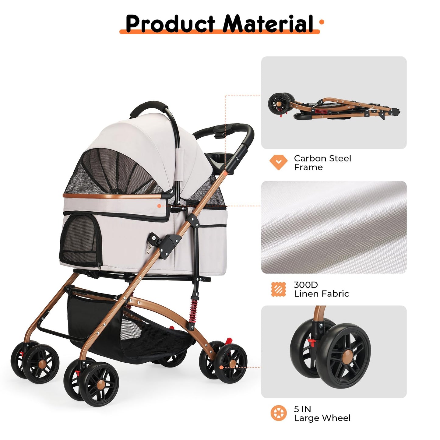 3-in-1 Foldable Pet Stroller for Medium Dogs and Cats up to 50 lbs - Detachable Carrier and Car Seat with Storage Basket - All-Terrain Jogging Stroller, Grey
