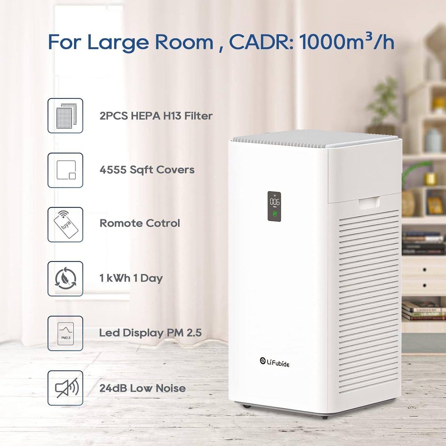 Lifubide Y1000 Air Purifier - H13 HEPA, Quiet Operation, 4555 Sq.Ft Coverage