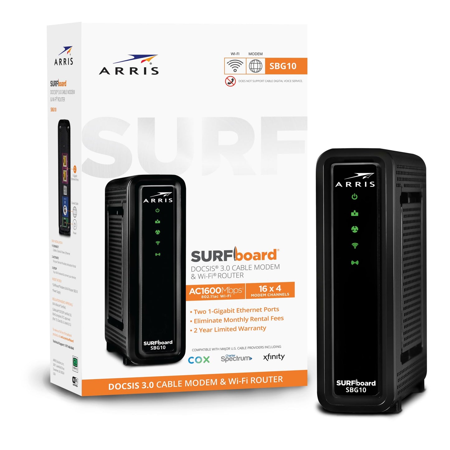ARRIS SURFboard SBG10 DOCSIS 3.0 Cable Modem and AC1600 Dual Band Wi-Fi Router Combo (Renewed)