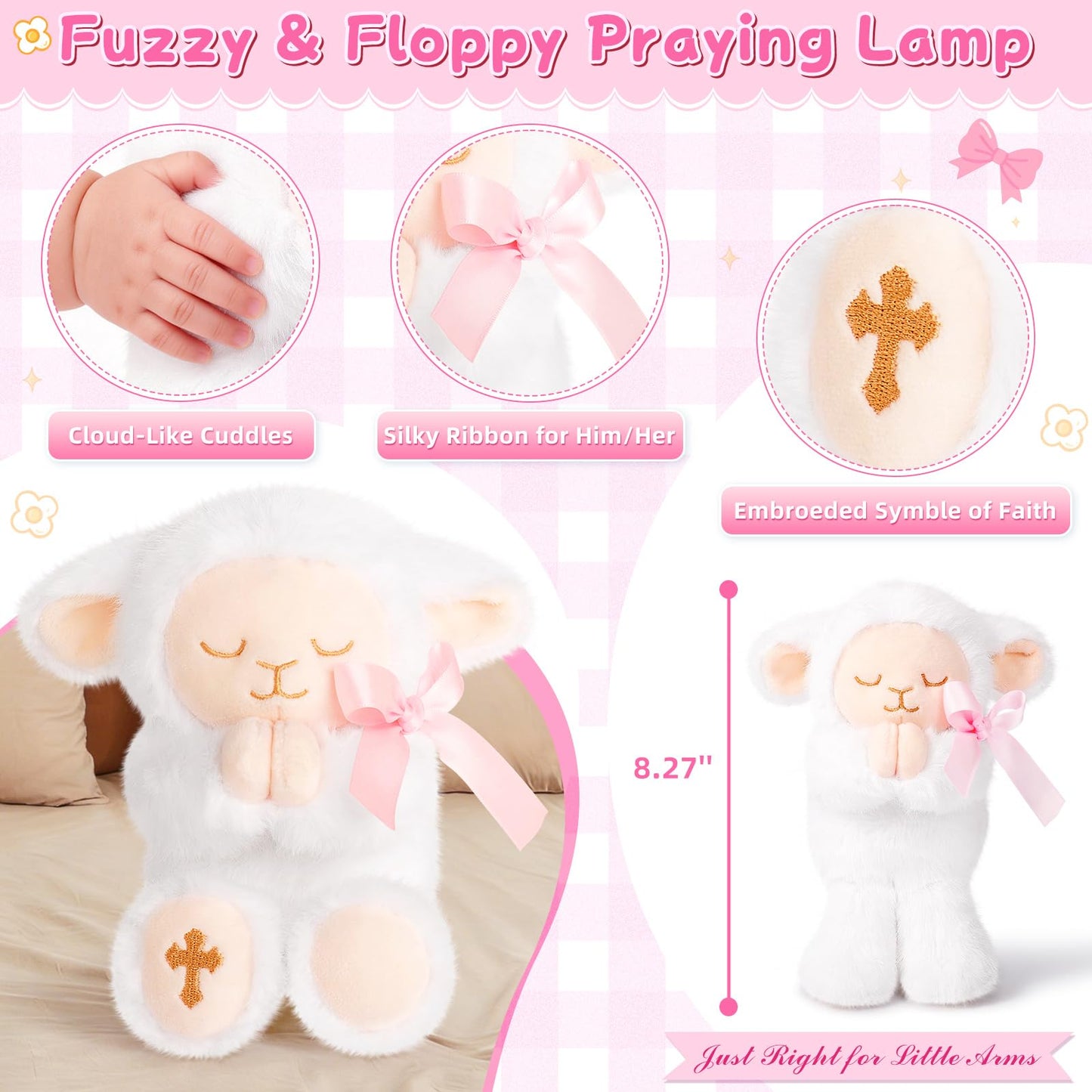 Pink Baptism Gift Set for Baby Girls with Praying Lamb Plush, Prayer Book, and Stroller Blanket