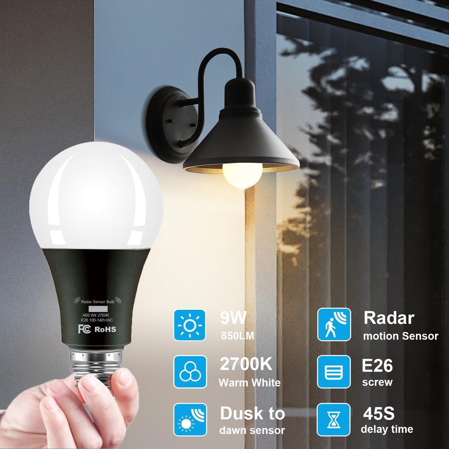 Radar Motion Sensor LED Light Bulbs 9W A19 E26 Dusk to Dawn 2700K Warm White - 3 Pack