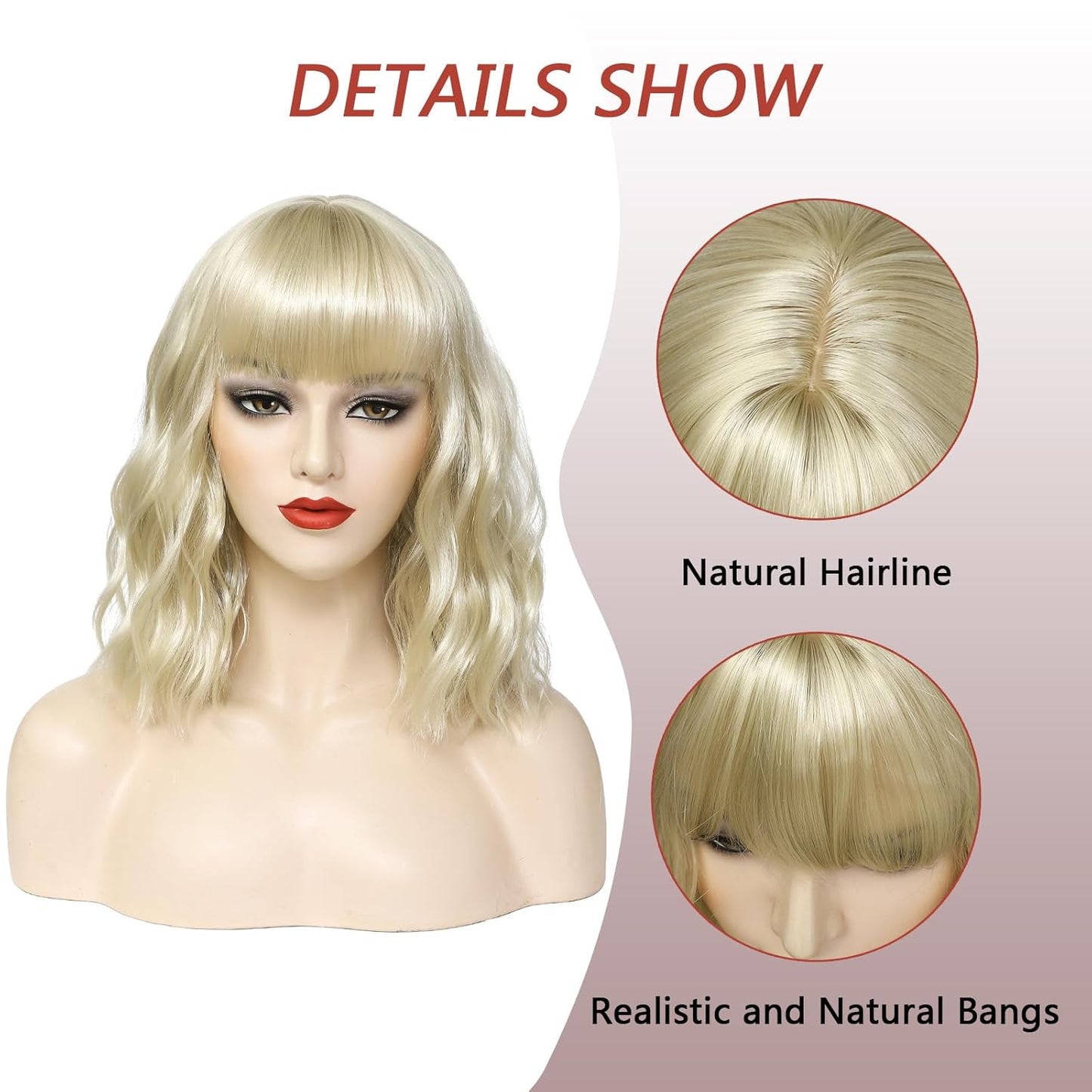 12" Blonde Wavy Shoulder-Length Wig with Bangs for Daily or Party Use