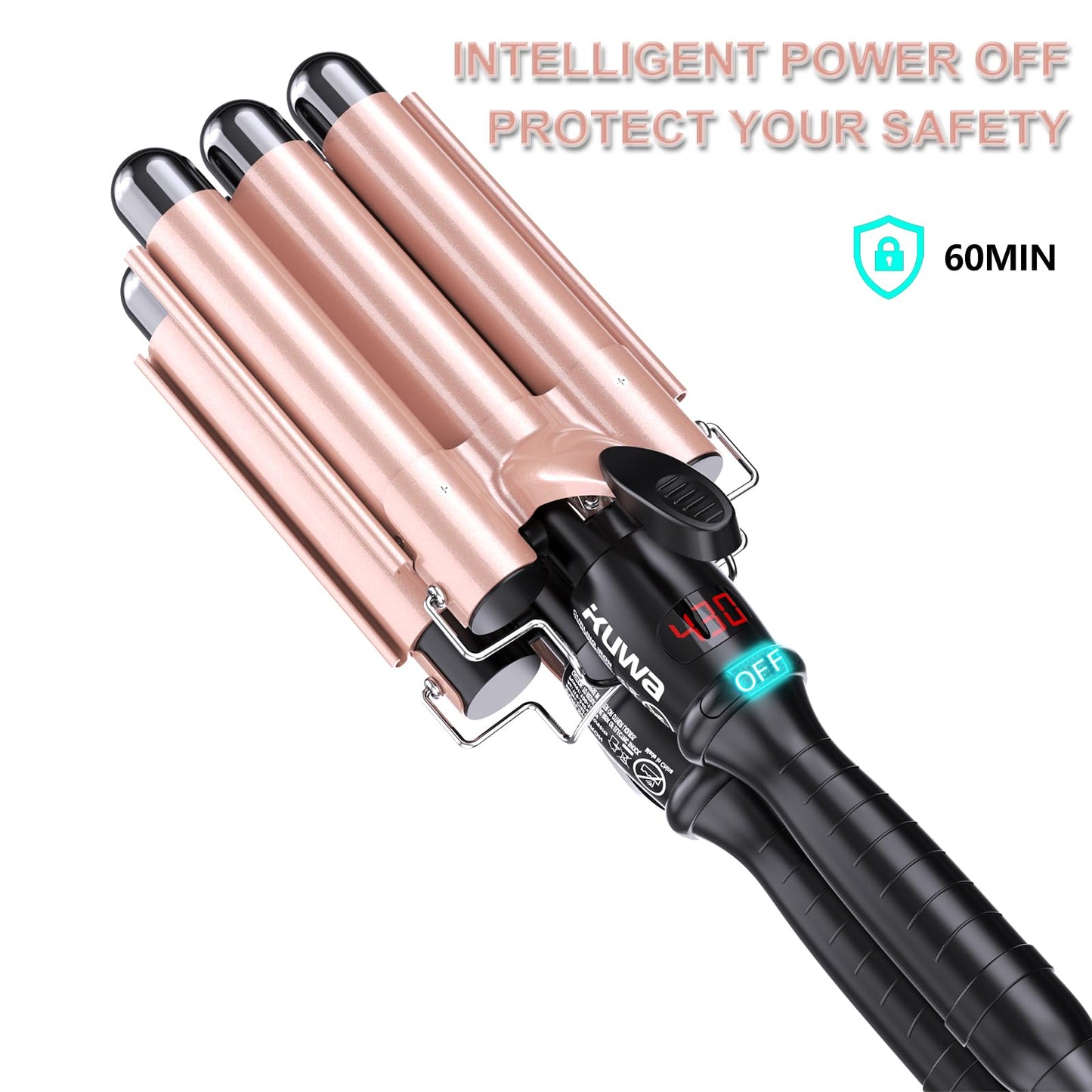3 Barrel Curling Iron Hair Waver and Crimper with LCD Display - Adjustable Temperature 180°F to 430°F for Long Lasting Beach Waves
