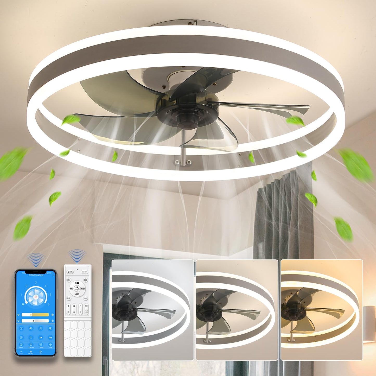 Ceiling Fan with Lights and Remote, 19.7 x 19.7 x 5.9 in (50 x 50 x 15 cm), Dimmable LED, 3 Color Temps, 6 Speeds, Reversible, Flush Mount