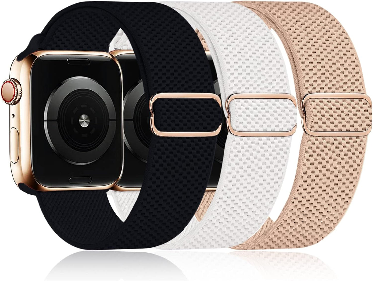 3 Pack Stretchy Nylon Solo Loop Band for Apple Watch 42mm, 44mm, 45mm - Adjustable, Breathable, in Black, White & Light Brown