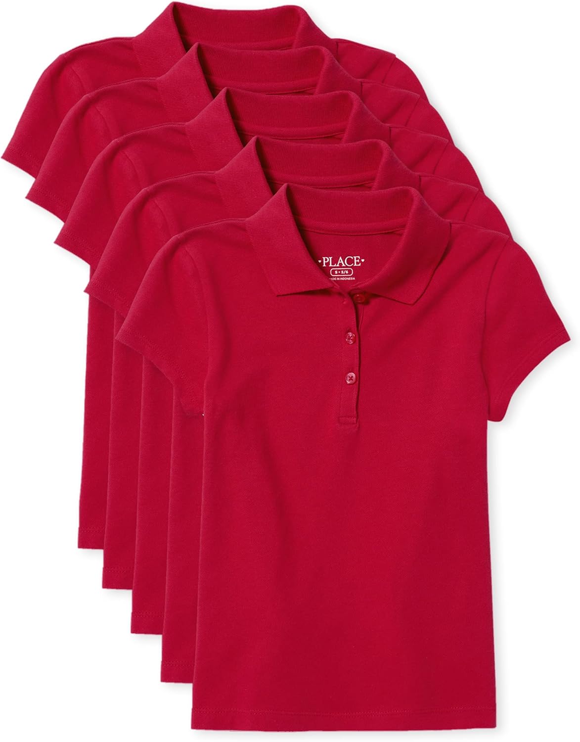Girls 5-Pack Short Sleeve Piqué Polos – Ruby – Flat-Knit Collar, Button-Front Placket, Side Vents – Size Medium, Machine Washable