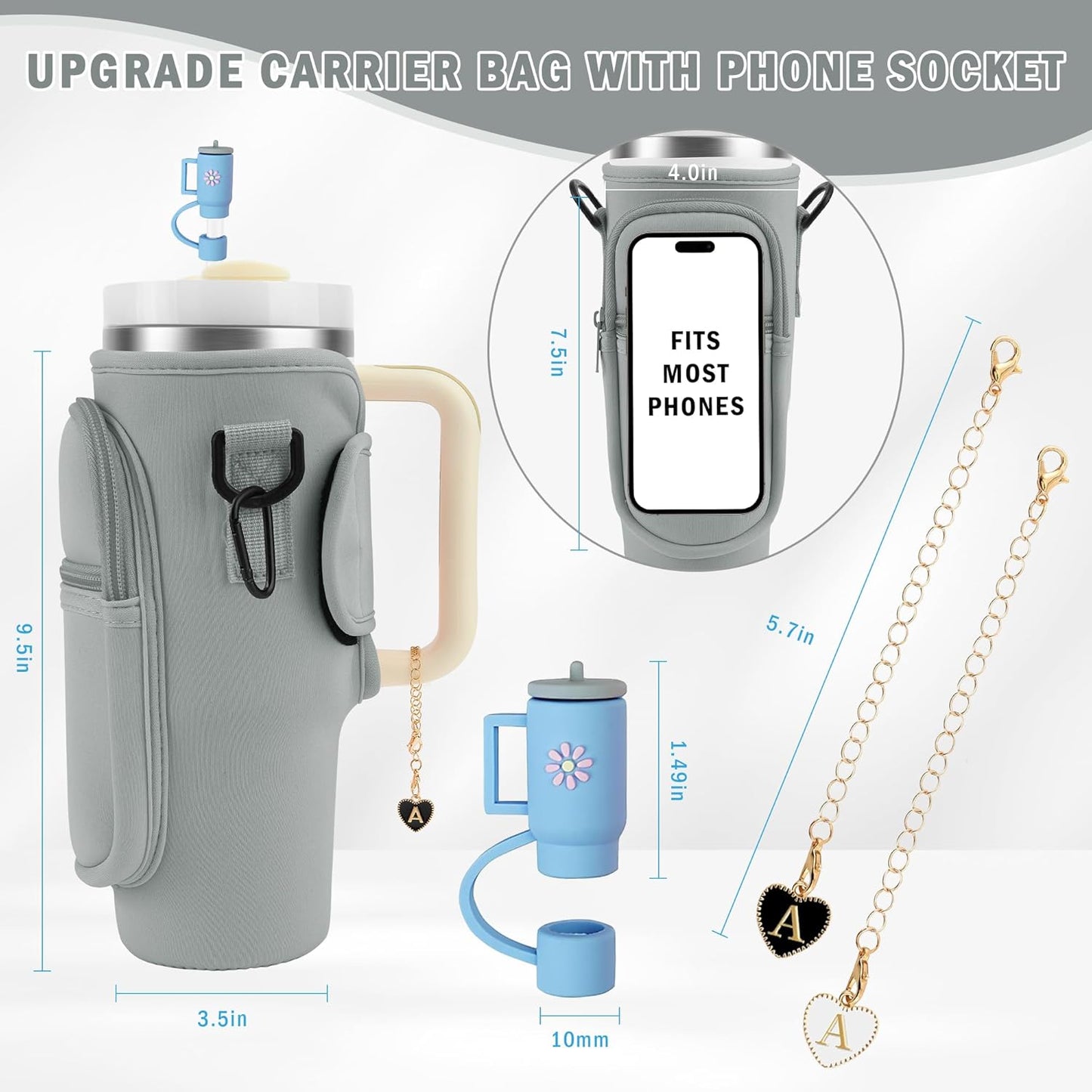 Stylish Water Bottle Carrier for Stanley Cup 40oz with Phone Pocket & Keychain Accessories
