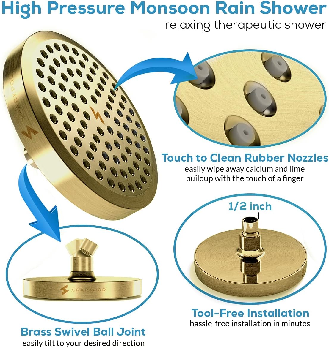 High-Pressure 6 Inch Antique Brass Rainfall Shower Head - Luxury Design with Easy Install