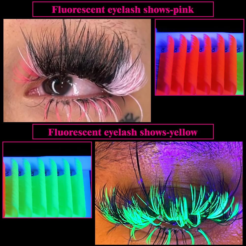 Glow in the Dark Neon Lash Extensions: 0.07mm D Curl 18mm, Pink & Green Fluorescent Volume Eyelashes for Stunning Looks