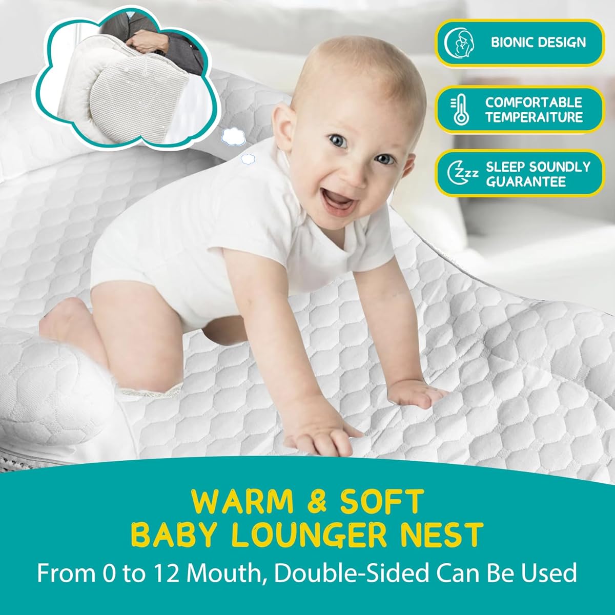 White Baby Lounger Nest with Gray Bottom for Newborns, Adjustable Soft Organic Cotton Infant Lounger, Breathable Portable Baby Bed for Home & Travel
