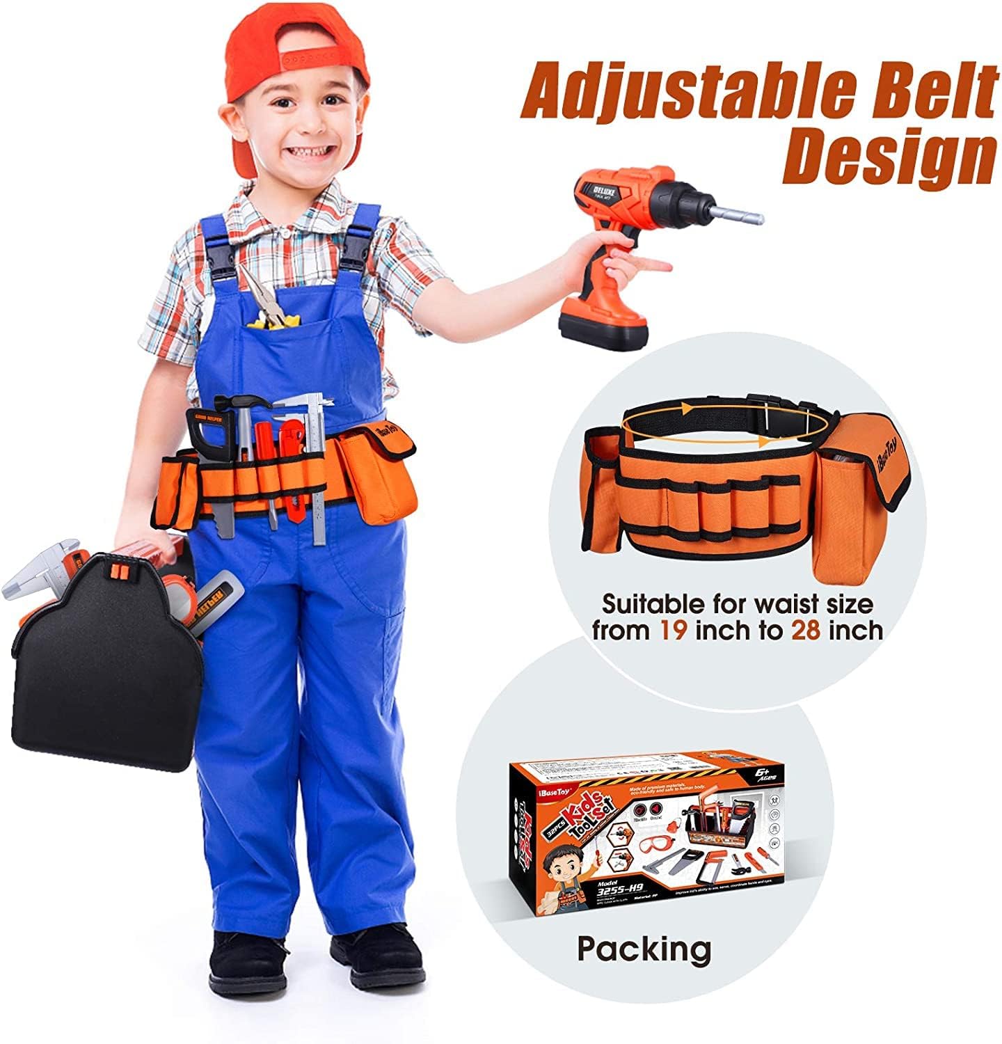 Kids 32-Piece Tool Set with Tool Box, Electronic Toy Drill & Tool Belt (19–28 in / 48–71 cm) – Pretend Construction Playset for Ages 3–7