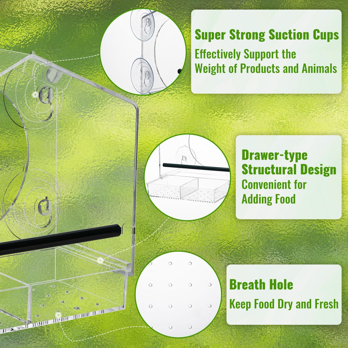 Clear Window Bird Feeder with Strong Suction Cups, Acrylic Viewing Feeder for Cats, Large Clear Window, Removable Sliding Seed Tray with Drainage, Easy to Clean and Refill