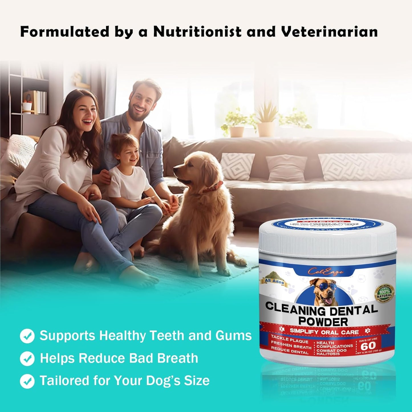 Herbal Dental Care Powder for Dogs & Cats, Breath Freshening, Plaque & Tartar Control, 45g