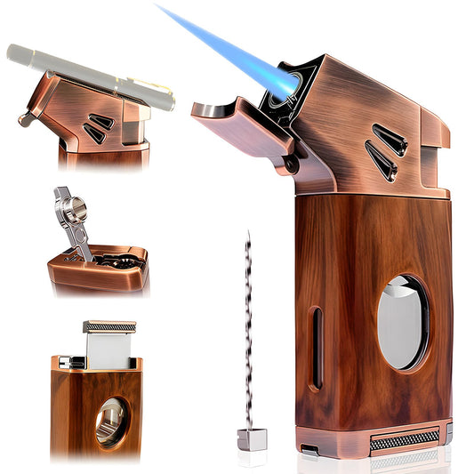 5-in-1 Refillable Butane Torch Lighter with Built-in Cutter, Punch, Holder, and Draw Enhancer - Windproof Jet Flame