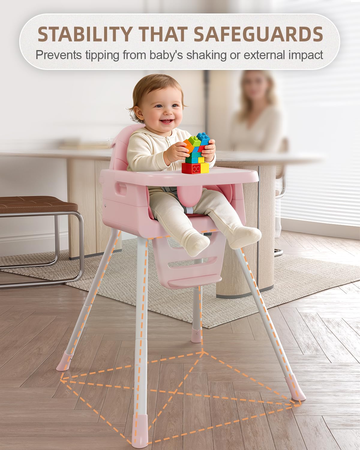 Foldable Baby High Chair with Removable Tray and 5-Point Safety Harness, White with Pink Cushion
