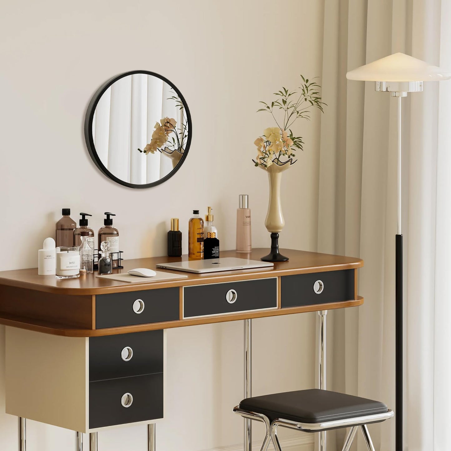 12 in (30 cm) Round Wall Mirror, Matte Black Metal Frame Circle Vanity Mirror, HD 4mm Anti-Distortion Glass, Mounting Hardware Included, Multi-Room Decor