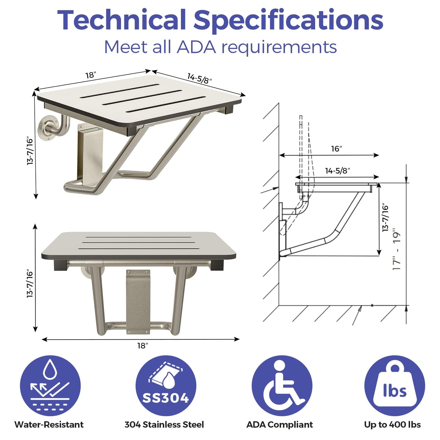 ADA Compliant White Folding Shower Seat Bench, 18 x 16 Inch Wall Mount Phenolic Bathroom Chair, 400 lb Capacity
