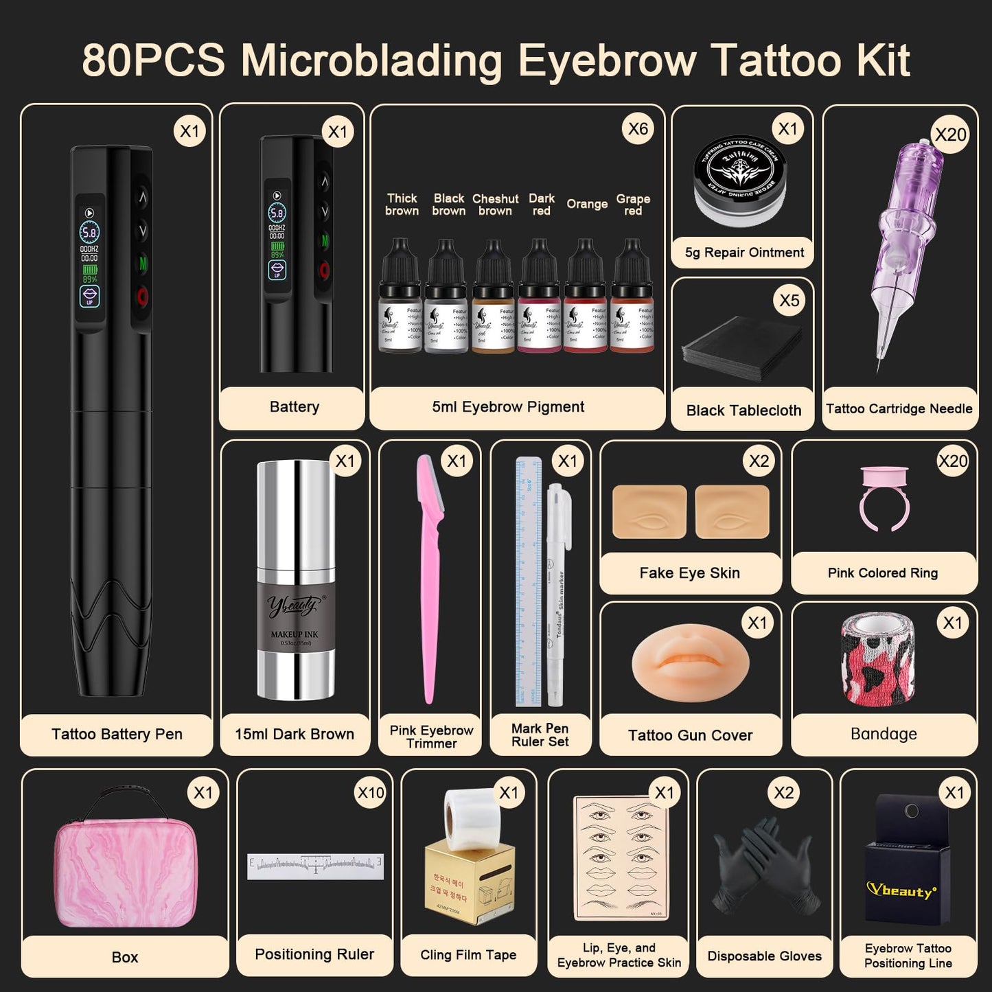 Wireless Microblading Tattoo Pen Kit with Digital LED Display, 2 x 500mAh Batteries, 20 Needles, Practice Skins, Eyebrow Inks, Beginner Supplies, Black